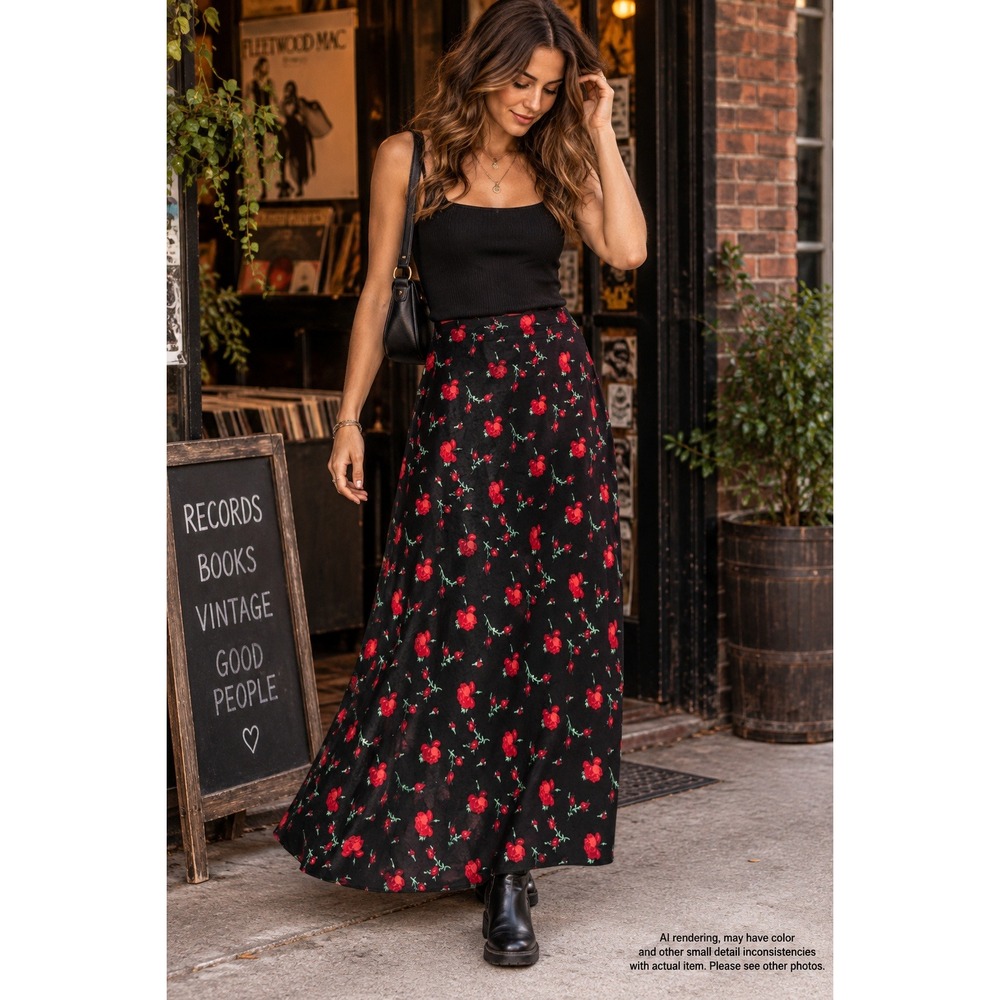 Ma Ami Size M Rose Print Maxi Skirt Black Red Floral 90s Romantic Grunge Y2K